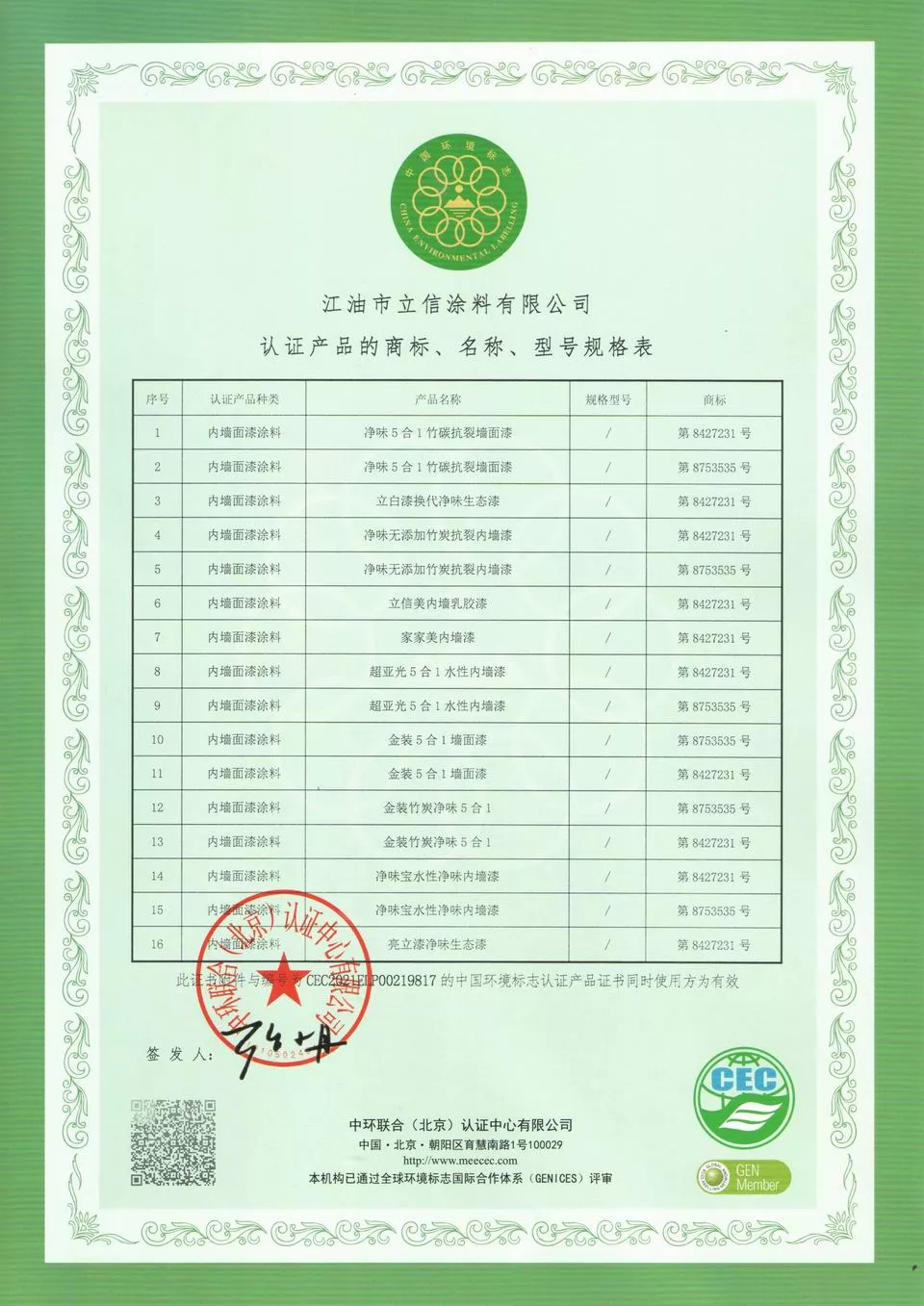 认证产品规格表