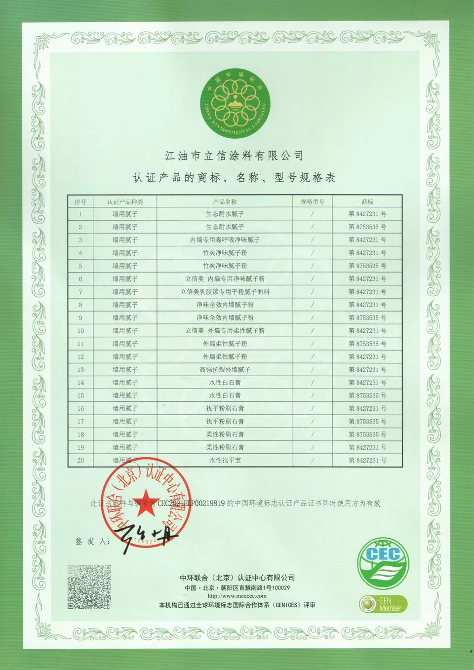 认证产品规格表