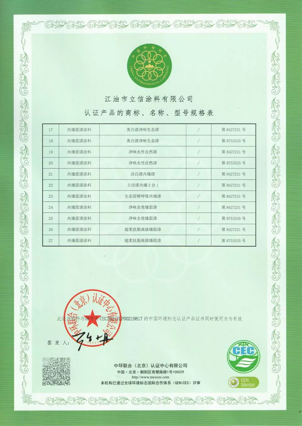 认证产品规格表
